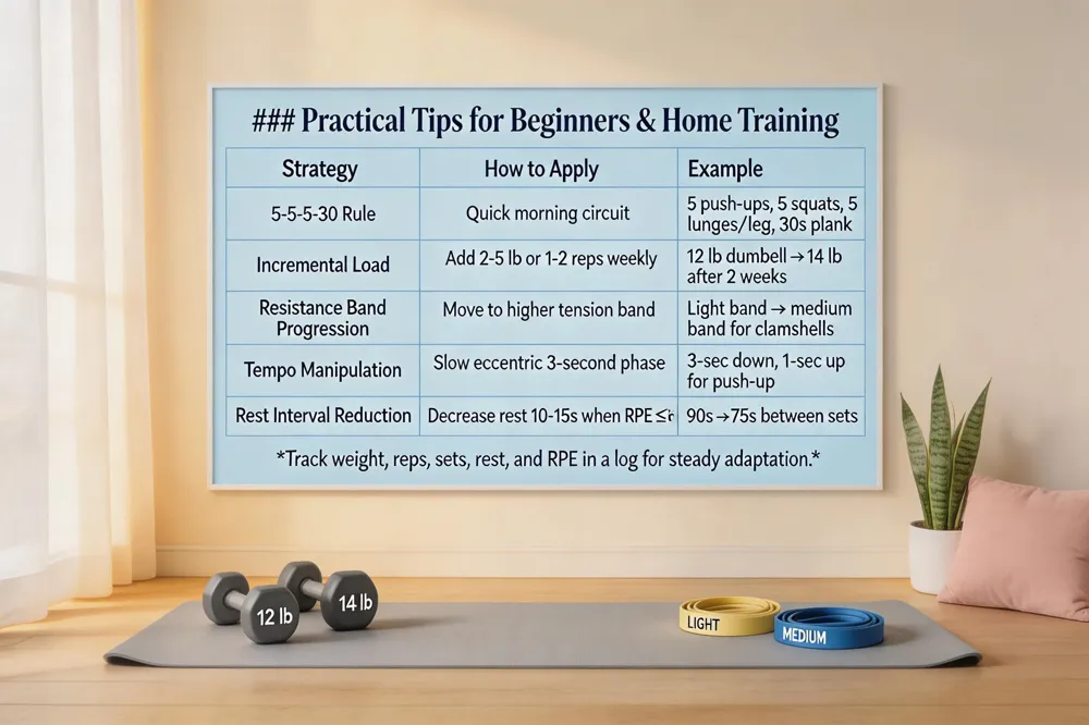 ### Practical Tips for Beginners & Home Training
| Strategy | How to Apply | Example |
|---|---|---|
| 5‑5‑5‑30 Rule | Quick morning circuit | 5 push‑ups, 5 squats, 5 lunges/leg, 30‑s plank |
| Incremental Load | Add 2‑5 lb or 1‑2 reps weekly | 12 lb dumbbell squat → 14 lb after 2 weeks |
| Resistance Band Progression | Move to higher tension band | Light band → medium band for clamshells |
| Tempo Manipulation | Slow eccentric 3‑second phase | 3‑sec down, 1‑sec up for push‑up |
| Rest Interval Reduction | Decrease rest 10‑15 s when RPE ≤6 | 90 s → 75 s between sets |
Track weight, reps, sets, rest, and RPE in a log for steady adaptation.