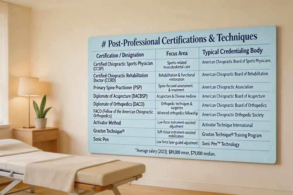## Post‑Professional Certifications & Techniques
| Certification / Designation | Focus Area | Typical Credentialing Body |
|---|---|---|
| Certified Chiropractic Sports Physician (CCSP) | Sports‑related musculoskeletal care | American Chiropractic Board of Sports Physicians |
| Certified Chiropractic Rehabilitation Doctor (CCRD) | Rehabilitation & functional restoration | American Chiropractic Board of Rehabilitation |
| Primary Spine Practitioner (PSP) | Spine‑focused assessment & treatment | American Chiropractic Association |
| Diplomate of Acupuncture (DACBSP) | Acupuncture & Chinese medicine | American Chiropractic Board of Acupuncture |
| Diplomate of Orthopedics (DACO) | Orthopedic techniques & surgeries | American Chiropractic Board of Orthopedics |
| FACO (Fellow of the American Chiropractic Orthopedics) | Advanced orthopedics fellowship | American Chiropractic Orthopedic Society |
| Activator Method | Low‑force instrument‑assisted adjustment | Activator Technique International |
| Graston Technique® | Soft‑tissue instrument‑assisted mobilization | Graston Technique® Training Program |
| Sonic Pen | Low‑force laser‑guided adjustment | Sonic Pen™ Technology |
Average salary (2023): $89,000 mean, $79,000 median.