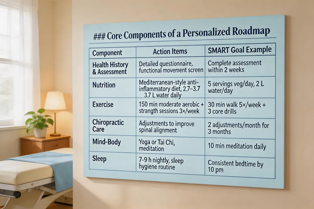 ### Core Components of a Personalized Roadmap
| Component | Action Items | SMART Goal Example |
|---|---|---|
| Health History & Assessment | Detailed questionnaire, functional movement screen | Complete assessment within 2 weeks |
| Nutrition | Mediterranean‑style anti‑inflammatory diet, 2.7–3.7 L water daily | 5 servings veg/day, 2 L water/day |
| Exercise | 150 min moderate aerobic + core‑strength sessions 3×/week | 30 min walk 5×/week + 3 core drills |
| Chiropractic Care | Adjustments to improve spinal alignment | 2 adjustments/month for 3 months |
| Mind‑Body | Yoga or Tai Chi, meditation | 10 min meditation daily |
| Sleep | 7‑9 h nightly, sleep hygiene routine | Consistent bedtime by 10 pm |

