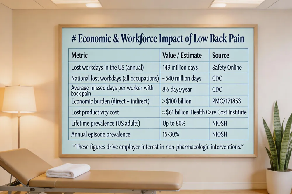 # Economic & Workforce Impact of Low Back Pain
| Metric | Value / Estimate | Source |
|---|---|---|
| Lost workdays in the US (annual) | 149 million days | Safety Online |
| National lost workdays (all occupations) | ~540 million days | CDC |
| Average missed days per worker with back pain | 8.6 days/year | CDC |
| Economic burden (direct + indirect) | > $100 billion | PMC7171853 |
| Lost productivity cost | ≈ $61 billion | Health Care Cost Institute |
| Lifetime prevalence (US adults) | Up to 80 % | NIOSH |
| Annual episode prevalence | 15‑30 % | NIOSH |
These figures drive employer interest in non‑pharmacologic interventions.
