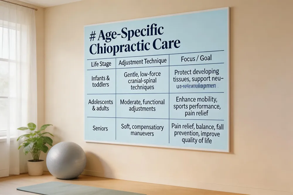 # Age‑Specific Chiropractic Care
| Life Stage | Adjustment Technique | Focus / Goal |
|---|---|---|
| Infants & toddlers | Gentle, low‑force cranial‑spinal techniques | Protect developing tissues, support neuro‑development |
| Adolescents & adults | Moderate, functional adjustments | Enhance mobility, sports performance, pain relief |
| Seniors | Soft, compensatory maneuvers | Pain relief, balance, fall prevention, improve quality of life |
