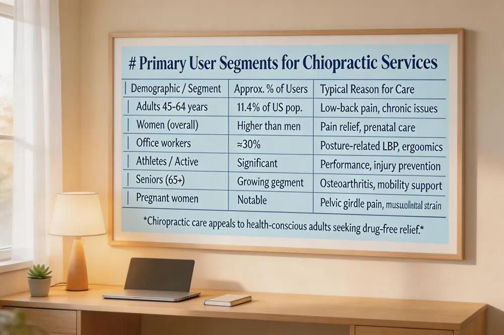 # Primary User Segments for Chiropractic Services
| Demographic / Segment | Approx. % of Users | Typical Reason for Care |
|---|---|---|
| Adults 45‑64 years | 11.4 % of US pop. | Low‑back pain, chronic issues |
| Women (overall) | Higher utilization than men | Pain relief, prenatal care |
| Office workers | Large share (≈30 %) | Posture‑related LBP, ergonomics |
| Athletes / active individuals | Significant | Performance maintenance, injury prevention |
| Seniors (65+) | Growing segment | Osteoarthritis, mobility support |
| Pregnant women | Notable | Pelvic girdle pain, musculoskeletal strain |
Chiropractic care appeals to health‑conscious adults seeking drug‑free relief.