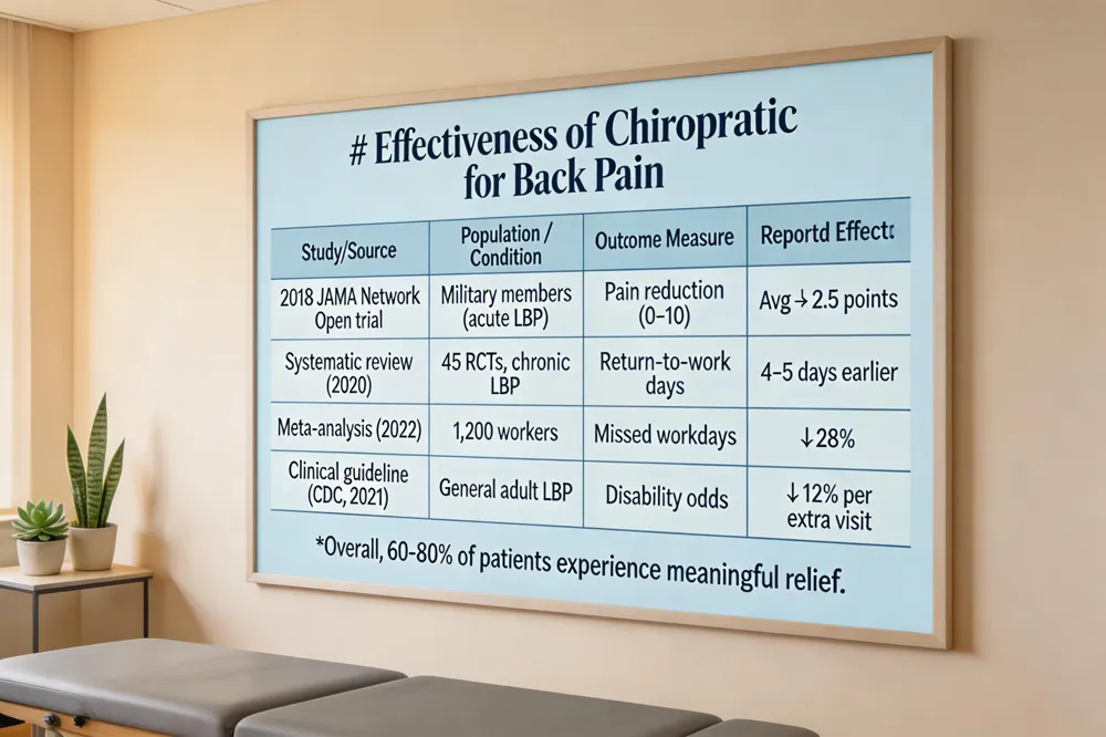 # Effectiveness of Chiropractic for Back Pain
| Study/Source | Population / Condition | Outcome Measure | Reported Effect |
|---|---|---|---|
| 2018 JAMA Network Open trial | Military members (acute LBP) | Pain reduction (0‑10) | Avg ↓ 2.5 points |
| Systematic review (2020) | 45 RCTs, chronic LBP | Return‑to‑work days | 4–5 days earlier |
| Meta‑analysis (2022) | 1,200 workers | Missed workdays | ↓ 28 % |
| Clinical guideline (CDC, 2021) | General adult LBP | Disability odds | ↓ 12 % per extra visit |
Overall, 60‑80 % of patients experience meaningful relief.