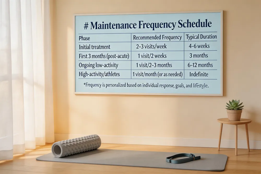 # Maintenance Frequency Schedule
| Phase | Recommended Frequency | Typical Duration |
|---|---|---|
| Initial treatment | 2–3 visits/week | 4–6 weeks |
| First 3 months (post‑acute) | 1 visit/2 weeks | 3 months |
| Ongoing low‑activity | 1 visit/2–3 months | 6–12 months |
| High‑activity/athletes | 1 visit/month (or as needed) | Indefinite |
Frequency is personalized based on individual response, goals, and lifestyle.