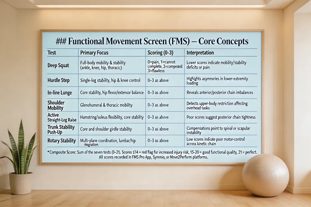 ### Functional Movement Screen (FMS) – Core Concepts
| Test | Primary Focus | Scoring (0‑3) | Interpretation |
|---|
| Deep Squat | Full‑body mobility & stability (ankle, knee, hip, thoracic) | 0 = pain, 1 = cannot complete, 2 = compensated, 3 = flawless | Lower scores indicate mobility/stability deficits or pain | Hurdle Step | Single‑leg stability, hip & knee control | 0‑3 as above | Highlights asymmetries in lower‑extremity loading | In‑line Lunge | Core stability, hip flexor/extensor balance | 0‑3 as above | Reveals anterior/posterior chain imbalances | Shoulder Mobility | Glenohumeral & thoracic mobility | 0‑3 as above | Detects upper‑body restriction affecting overhead tasks | Active Straight‑Leg Raise | Hamstring/soleus flexibility, core stability | 0‑3 as above | Poor scores suggest posterior chain tightness | Trunk Stability Push‑Up | Core and, shoulder girdle stability | 0‑3 as above | Compensations point to spinal or scapular instability | Rotary Stability | Multi‑plane coordination, lumbar/hip integration | 0‑3 as above | Low scores indicate poor motor‑control across kinetic chain
Composite Score: Sum of the seven tests (0‑21). Scores ≤ 14 are a red flag for increased injury risk; 15‑20 indicates good functional quality; 21 is perfect. All scores are recorded in the FMS Pro App, Symmio, or Move2Perform platforms.