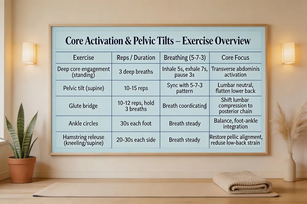 Core Activation & Pelvic Tilts – Exercise Overview
| Exercise | Reps / Duration | Breathing (5‑7‑3) | Core Focus |
|---|---|---|---|
| Deep core engagement (standing) | 3 deep breaths | Inhale 5 s, exhale 7 s, pause 3 s | Transverse abdominis activation |
| Pelvic tilt (supine) | 10‑15 reps | Sync with 5‑7‑3 pattern | Lumbar neutral, flatten lower back |
| Glute bridge | 10‑12 reps, hold 3 breaths | Breath coordinated | Shift lumbar compression to posterior chain |
| Ankle circles | 30 s each foot | Breath steady | Balance, foot‑ankle integration |
| Hamstring release (kneeling/supine) | 20‑30 s each side | Breath steady | Restore pelvic alignment, reduce low‑back strain |
