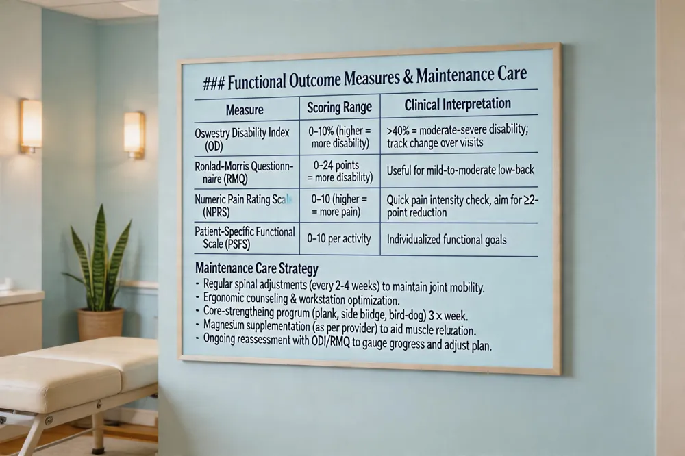 ### Functional Outcome Measures & Maintenance Care
| Measure | Scoring Range | Clinical Interpretation |
|---|---|---|
| Oswestry Disability Index (ODI) | 0‑100 % (higher = more disability) | > 40 % = moderate‑severe disability; track change over visits |
| Roland‑Morris Questionnaire (RMQ) | 0‑24 points (higher = more disability) | Useful for mild‑to‑moderate low‑back pain |
| Numeric Pain Rating Scale (NPRS) | 0‑10 (higher = more pain) | Quick pain intensity check; aim for ≥ 2‑point reduction |
| Patient‑Specific Functional Scale (PSFS) | 0‑10 per activity | Individualized functional goals |
Maintenance Care Strategy
- Regular spinal adjustments (every 2‑4 weeks) to maintain joint mobility.
- Ergonomic counseling & workstation optimization.
- Core‑strengthening program (plank, side bridge, bird‑dog) 3 × week.
- Magnesium supplementation (as per provider) to aid muscle relaxation.
- Ongoing reassessment with ODI/RMQ to gauge progress and adjust plan.