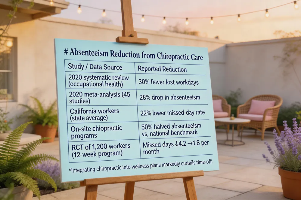 # Absenteeism Reduction from Chiropractic Care
| Study / Data Source | Reported Reduction |
|---|---|
| 2020 systematic review (occupational health) | 30 % fewer lost workdays |
| 2020 meta‑analysis (45 studies) | 28 % drop in absenteeism |
| California workers (state average) | 22 % lower missed‑day rate |
| On‑site chiropractic programs | 50 % halved absenteeism vs. national benchmark |
| RCT of 1,200 workers (12‑week program) | Missed days ↓ 4.2 → 1.8 per month |
Integrating chiropractic into wellness plans markedly curtails time‑off.