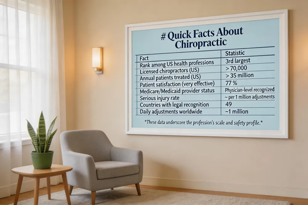 # Quick Facts About Chiropractic
| Fact | Statistic |
|---|---|
| Rank among US health professions | 3rd largest |
| Licensed chiropractors (US) | > 70,000 |
| Annual patients treated (US) | > 35 million |
| Patient satisfaction (very effective) | 77 % |
| Medicare/Medicaid provider status | Physician‑level recognized |
| Serious injury rate | ~1 per 1 million adjustments |
| Countries with legal recognition | 49 |
| Daily adjustments worldwide | ~1 million |
These data underscore the profession’s scale and safety profile.