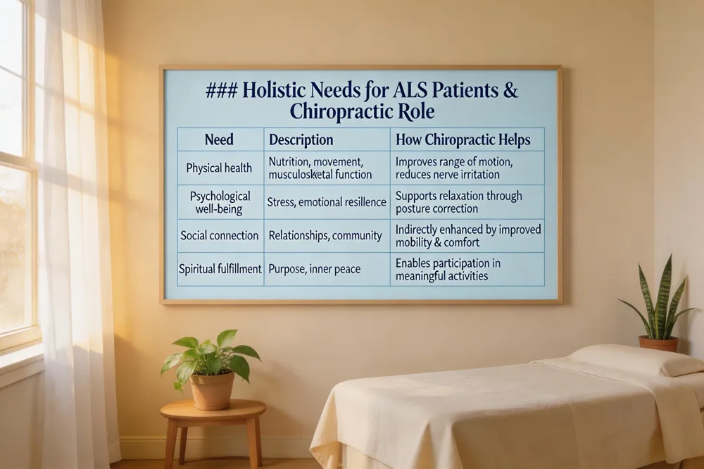 ### Holistic Needs for ALS Patients & Chiropractic Role
| Need | Description | How Chiropractic Helps |
|---|---|---|
| Physical health | Nutrition, movement, musculoskeletal function | Improves range of motion, reduces nerve irritation |
| Psychological well‑being | Stress, emotional resilience | Supports relaxation through posture correction |
| Social connection | Relationships, community | Indirectly enhanced by improved mobility & comfort |
| Spiritual fulfillment | Purpose, inner peace | Enables participation in meaningful activities |
