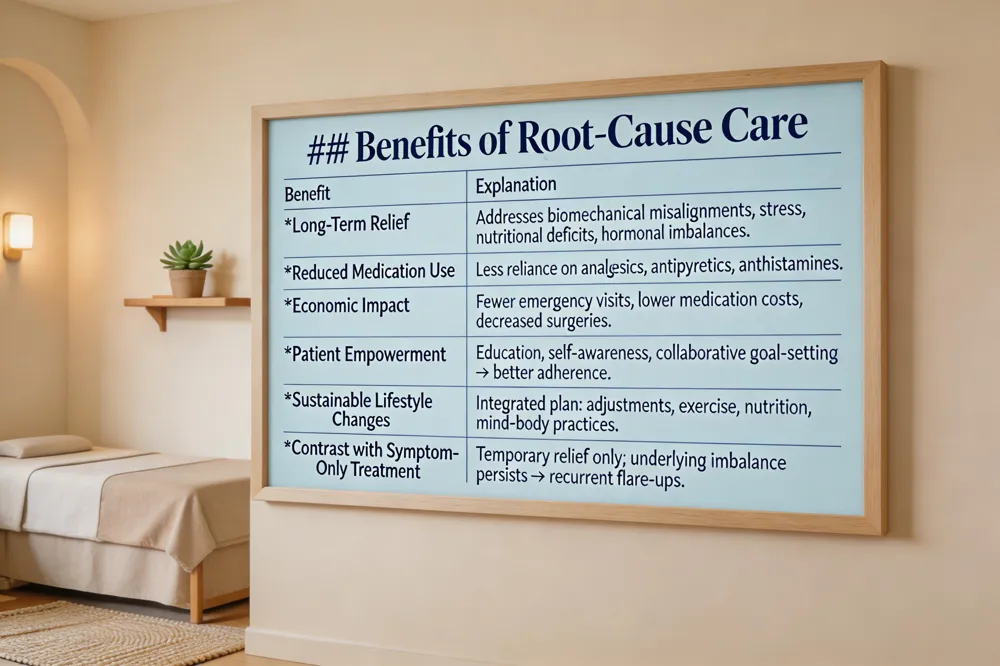 ### Benefits of Root‑Cause Care
| Benefit | Explanation |
|---|---|
| Long‑Term Relief | Addresses biomechanical misalignments, stress, nutritional deficits, hormonal imbalances. |
| Reduced Medication Use | Less reliance on analgesics, antipyretics, antihistamines. |
| Economic Impact | Fewer emergency visits, lower medication costs, decreased surgeries. |
| Patient Empowerment | Education, self‑awareness, collaborative goal‑setting → better adherence. |
| Sustainable Lifestyle Changes | Integrated plan: adjustments, exercise, nutrition, mind‑body practices. |
| Contrast with Symptom‑Only Treatment | Temporary relief only; underlying imbalance persists → recurrent flare‑ups. |