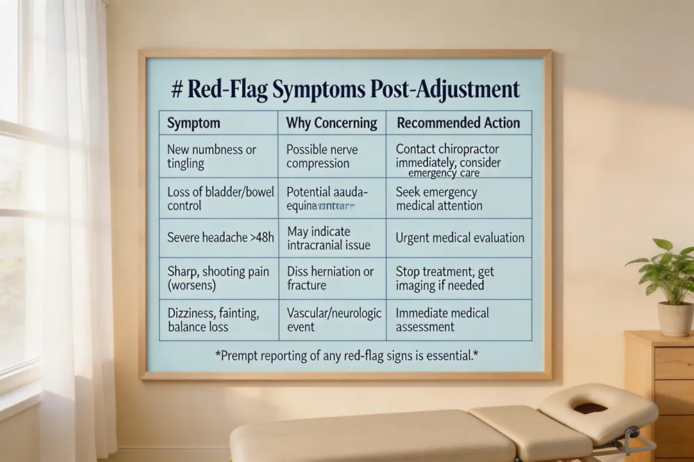 # Red‑Flag Symptoms Post‑Adjustment
| Symptom | Why Concerning | Recommended Action |
|---|---|---|
| New numbness or tingling | Possible nerve compression | Contact chiropractor immediately; consider emergency care |
| Loss of bladder/bowel control | Potential cauda‑equina syndrome | Seek emergency medical attention |
| Severe headache persisting >48 h | May indicate intracranial issue | Urgent medical evaluation |
| Sharp, shooting pain that worsens | Could signal disc herniation or fracture | Stop treatment; get imaging if needed |
| Dizziness, fainting, loss of balance | Could signal vascular or neurologic event | Immediate medical assessment |
Prompt reporting of any red‑flag signs is essential.