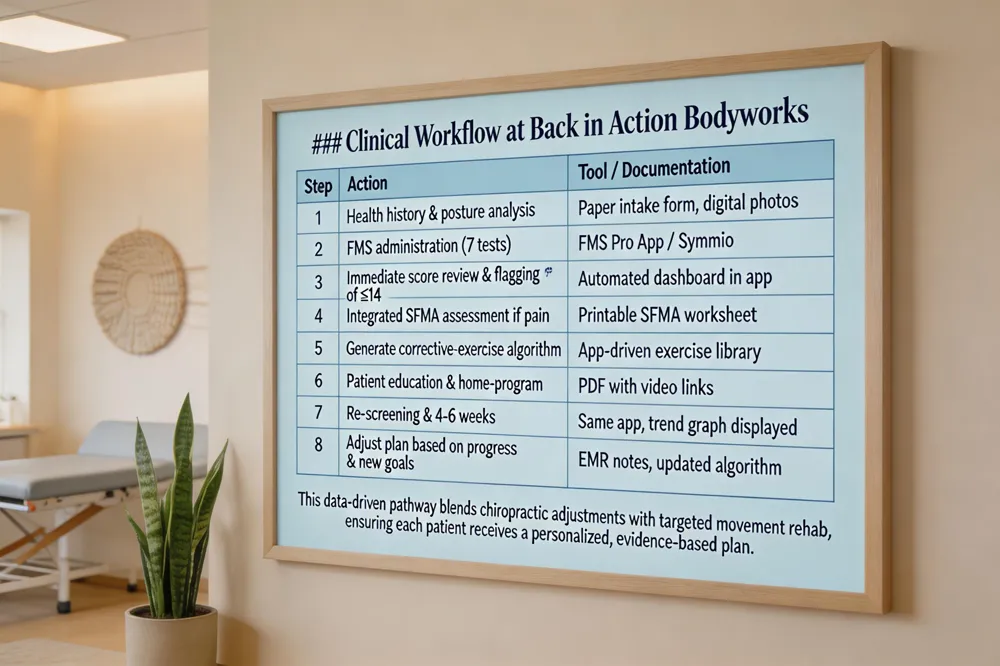 ### Clinical Workflow at Back in Action Bodyworks
| Step | Action | Tool / Documentation |
|---|---|---|
| 1 | Health history & posture analysis | Paper intake form, digital photos |
| 2 | FMS administration (7 tests) | FMS Pro App / Symmio |
| 3 | Immediate score review & flagging of ≤ 14 | Automated dashboard in app |
| 4 | Integrated SFMA assessment if pain observed | Printable SFMA worksheet |
| 5 | Generate corrective‑exercise algorithm | App‑driven exercise library |
| 6 | Patient education & home‑program handout | PDF with video links |
| 7 | Re‑screening & 4‑6 weeks | Same app, trend graph displayed |
| 8 | Adjust plan based on progress & new goals | EMR notes, updated algorithm |
This data‑driven pathway blends chiropractic adjustments with targeted movement rehab, ensuring each patient receives a personalized, evidence‑based plan.