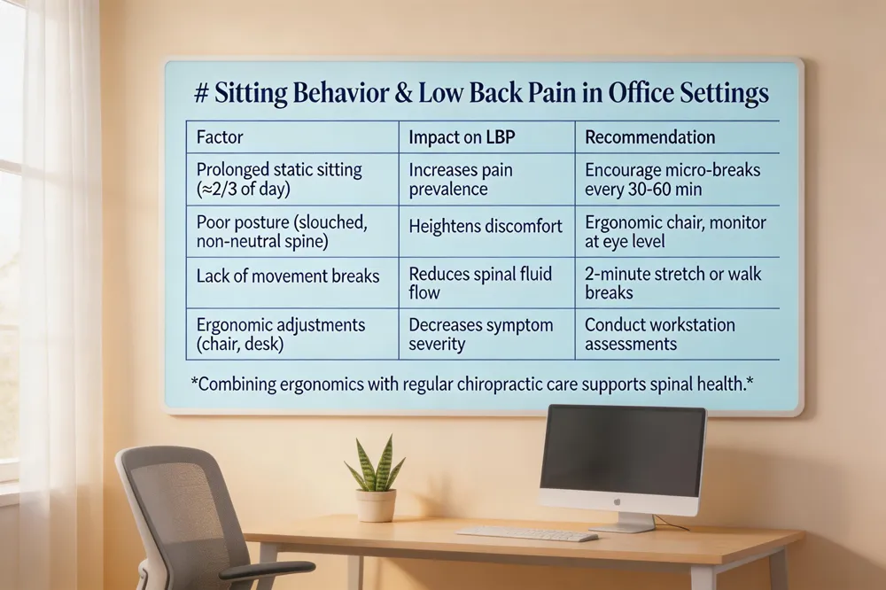 # Sitting Behavior & Low Back Pain in Office Settings
| Factor | Impact on LBP | Recommendation |
|---|---|---|
| Prolonged static sitting (≈2/3 of day) | Increases pain prevalence | Encourage micro‑breaks every 30‑60 min |
| Poor posture (slouched, non‑neutral spine) | Heightens discomfort | Ergonomic chair, monitor at eye level |
| Lack of movement breaks | Reduces spinal fluid flow | 2‑minute stretch or walk breaks |
| Ergonomic adjustments (chair, desk) | Decreases symptom severity | Conduct workstation assessments |
Combining ergonomics with regular chiropractic care supports spinal health.