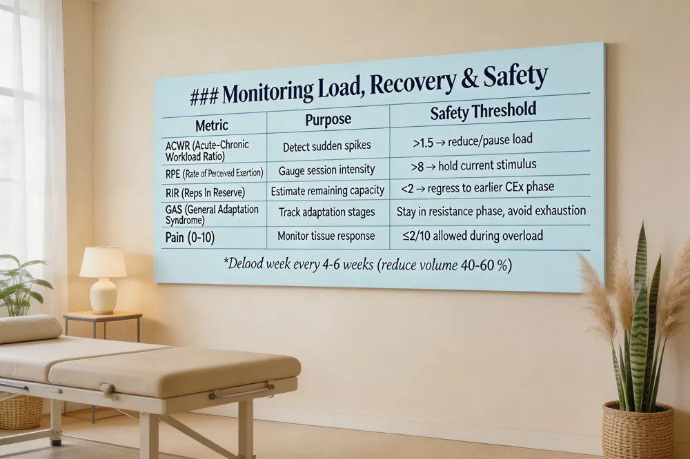 ### Monitoring Load, Recovery & Safety
| Metric | Purpose | Safety Threshold |
|---|---|---|
| ACWR (Acute‑Chronic Workload Ratio) | Detect sudden spikes | >1.5 → reduce/pause load |
| RPE (Rate of Perceived Exertion) | Gauge session intensity | >8 → hold current stimulus |
| RIR (Reps In Reserve) | Estimate remaining capacity | <2 → regress to earlier CEx phase |
| GAS (General Adaptation Syndrome) | Track adaptation stages | Stay in resistance phase, avoid exhaustion |
| Pain (0‑10) | Monitor tissue response | ≤2/10 allowed during overload |
Deload week every 4‑6 weeks (reduce volume 40‑60 %)
