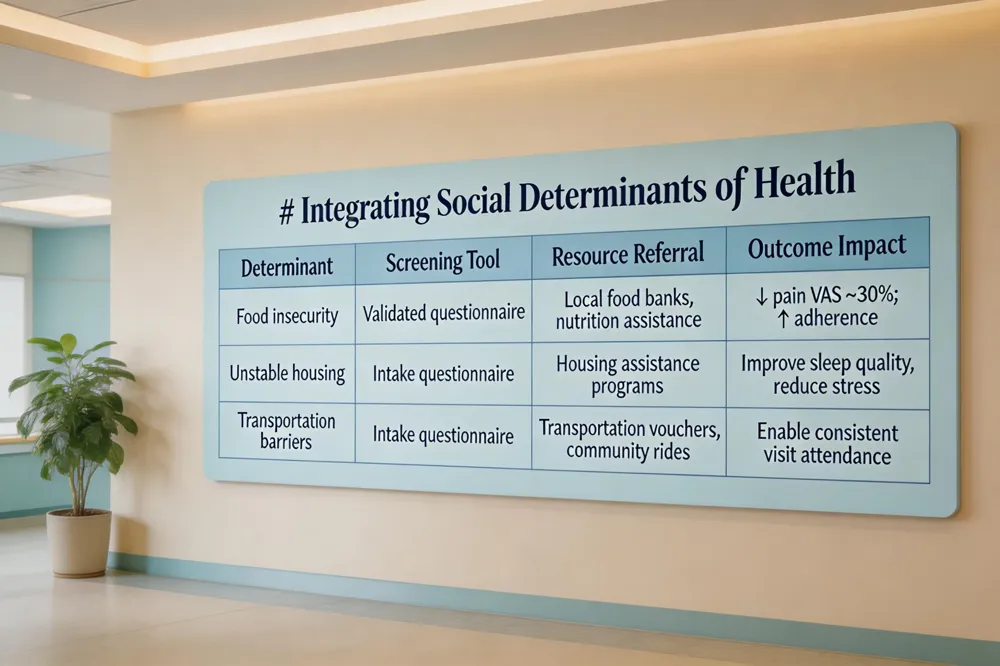 # Integrating Social Determinants of Health
| Determinant | Screening Tool | Resource Referral | Outcome Impact |
|---|---|---|---|
| Food insecurity | Validated questionnaire | Local food banks, nutrition assistance | ↓ pain VAS ~30 %; ↑ adherence |
| Unstable housing | Intake questionnaire | Housing assistance programs | Improve sleep quality, reduce stress |
| Transportation barriers | Intake questionnaire | Transportation vouchers, community rides | Enable consistent visit attendance |
