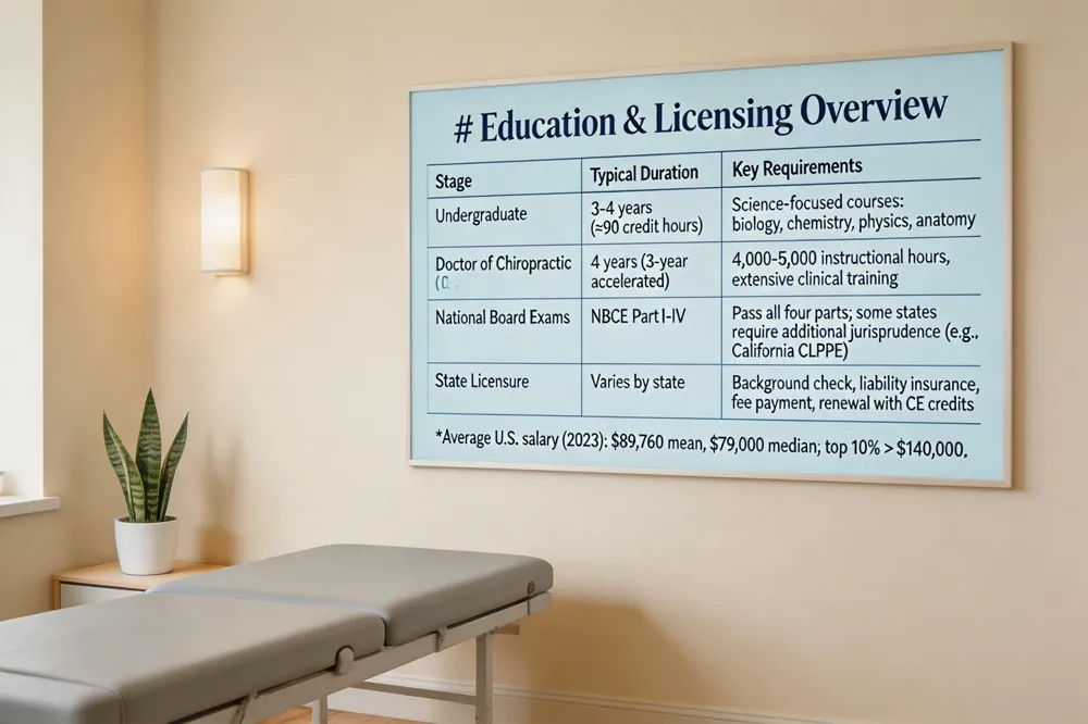 ## Education & Licensing Overview
| Stage | Typical Duration | Key Requirements |
|---|---|---|
| Undergraduate | 3‑4 years (≈90 credit hours) | Science‑focused courses: biology, chemistry, physics, anatomy |
| Doctor of Chiropractic (D.C.) | 4 years (or 3‑year accelerated) | 4,000‑5,000 instructional hours, extensive clinical training |
| National Board Exams | NBCE Part I‑IV | Pass all four parts; some states require additional jurisprudence (e.g., California CLPPE) |
| State Licensure | Varies by state | Background check, liability insurance, fee payment, and renewal with CE credits |
Average U.S. salary (2023): $89,760 mean, $79,000 median; top 10 % > $140,000.