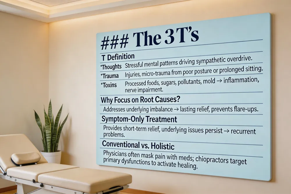 ### The 3 T’s
| T | Definition |
|---|---|
| Thoughts | Stressful mental patterns driving sympathetic overdrive. |
| Trauma | Injuries, micro‑trauma from poor posture or prolonged sitting. |
| Toxins | Processed foods, sugars, pollutants, mold → inflammation, nerve impairment. |
| Why Focus on Root Causes? |
|---|
| Addresses underlying imbalance → lasting relief, prevents flare‑ups. |
| Symptom‑Only Treatment |
| --- |
| Provides short‑term relief; underlying issues persist → recurrent problems. |
| Conventional vs. Holistic |
| --- |
| Physicians often mask pain with meds; chiropractors target primary dysfunctions to activate healing. |