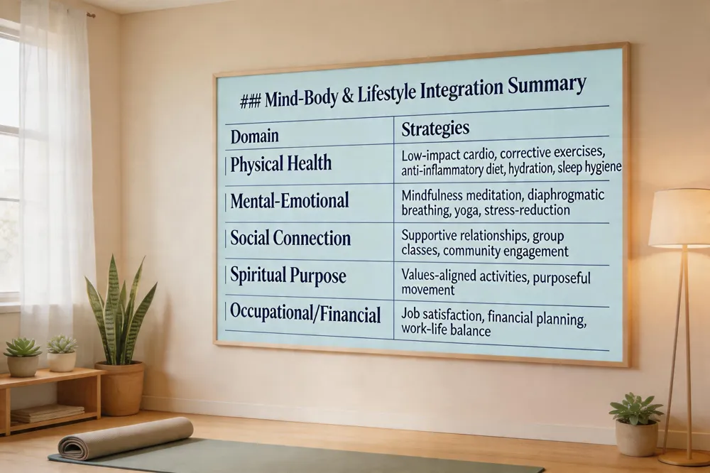 ### Mind‑Body & Lifestyle Integration Summary
| Domain | Strategies |
|---|---|
| Physical Health | Low‑impact cardio, corrective exercises, anti‑inflammatory diet (fruits, veg, omega‑3, curcumin), adequate hydration, sleep hygiene |
| Mental‑Emotional | Mindfulness meditation, diaphragmatic breathing, yoga, stress‑reduction techniques |
| Social Connection | Supportive relationships, group classes, community engagement |
| Spiritual Purpose | Values‑aligned activities, purposeful movement |
| Occupational/Financial | Job satisfaction, financial planning, work‑life balance |
