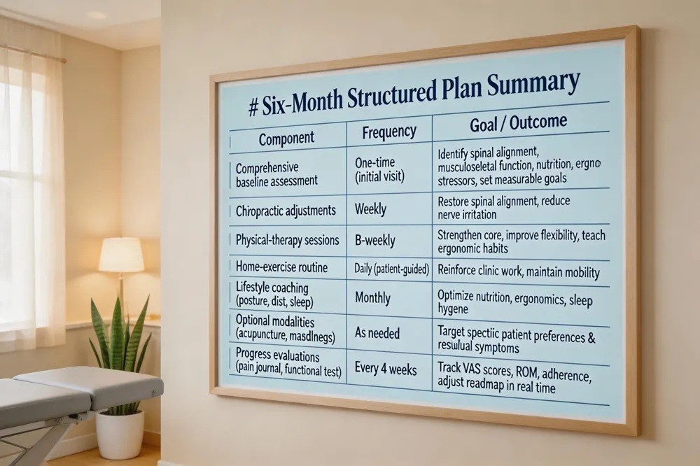 # Six‑Month Structured Plan Summary
| Component | Frequency | Goal / Outcome |
|---|---|---|
| Comprehensive baseline assessment | One‑time (initial visit) | Identify spinal alignment, musculoskeletal function, nutrition, ergonomics, stressors; set measurable goals |
| Chiropractic adjustments | Weekly | Restore spinal alignment, reduce nerve irritation |
| Physical‑therapy sessions | Bi‑weekly | Strengthen core, improve flexibility, teach ergonomic habits |
| Home‑exercise routine | Daily (patient‑guided) | Reinforce clinic work, maintain mobility |
| Lifestyle coaching (posture, diet, sleep) | Monthly | Optimize nutrition, ergonomics, sleep hygiene |
| Optional modalities (acupuncture, massage, mindfulness) | As needed | Target specific patient preferences & residual symptoms |
| Progress evaluations (pain journal, functional test) | Every 4 weeks | Track VAS scores, ROM, adherence; adjust roadmap in real time |
