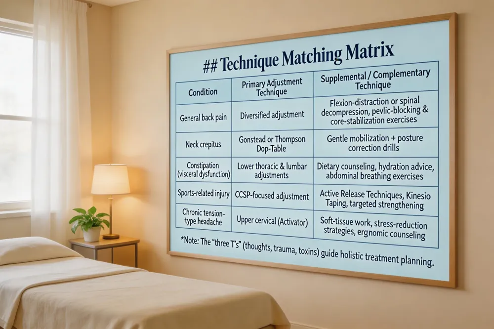 ## Technique Matching Matrix
| Condition | Primary Adjustment Technique | Supplemental / Complementary Technique |
|---|---|---|
| General back pain | Diversified adjustment | Flexion‑distraction or spinal decompression; pelvic‑blocking & core‑stabilization exercises |
| Neck crepitus | Gonstead or Thompson Drop‑Table | Gentle mobilization + posture correction drills |
| Constipation (visceral dysfunction) | Lower thoracic & lumbar adjustments | Dietary counseling, hydration advice, abdominal breathing exercises |
| Sports‑related injury | CCSP‑focused adjustment | Active Release Techniques, Kinesio Taping, targeted strengthening |
| Chronic tension‑type headache | Upper cervical (Activator) | Soft‑tissue work, stress‑reduction strategies, ergonomic counseling |
Note: The “three T’s” (thoughts, trauma, toxins) guide holistic treatment planning.