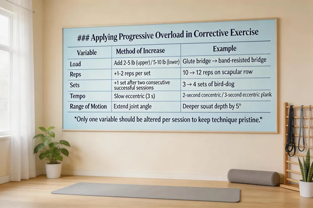 ### Applying Progressive Overload in Corrective Exercise
| Variable | Method of Increase | Example |
|---|---|---|
| Load | Add 2‑5 lb (upper) / 5‑10 lb (lower) | Glute bridge → band‑resisted bridge |
| Reps | +1‑2 reps per set | 10 → 12 reps on scapular row |
| Sets | +1 set after two consecutive successful sessions | 3 → 4 sets of bird‑dog |
| Tempo | Slow eccentric (3 s) | 2‑second concentric / 3‑second eccentric plank |
| Range of Motion | Extend joint angle | Deeper squat depth by 5° |
Only one variable should be altered per session to keep technique pristine.