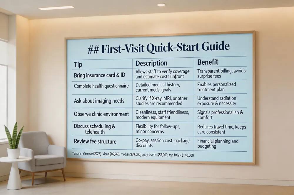 ## First‑Visit Quick‑Start Guide
| Tip | Description | Benefit |
|---|---|---|
| Bring insurance card & ID | Allows staff to verify coverage and estimate costs upfront | Transparent billing, avoids surprise fees |
| Complete health questionnaire | Detailed medical history, current meds, goals | Enables personalized treatment plan |
| Ask about imaging needs | Clarify if X‑ray, MRI, or other studies are recommended | Understand radiation exposure & necessity |
| Observe clinic environment | Cleanliness, staff friendliness, modern equipment | Signals professionalism & comfort |
| Discuss scheduling & telehealth | Flexibility for follow‑ups, minor concerns | Reduces travel time, keeps care consistent |
| Review fee structure | Co‑pay, session cost, package discounts | Financial planning and budgeting |
Salary reference (2023): Mean $89,760, median $79,000; entry‑level ≈ $57,000, top 10 % > $140,000.