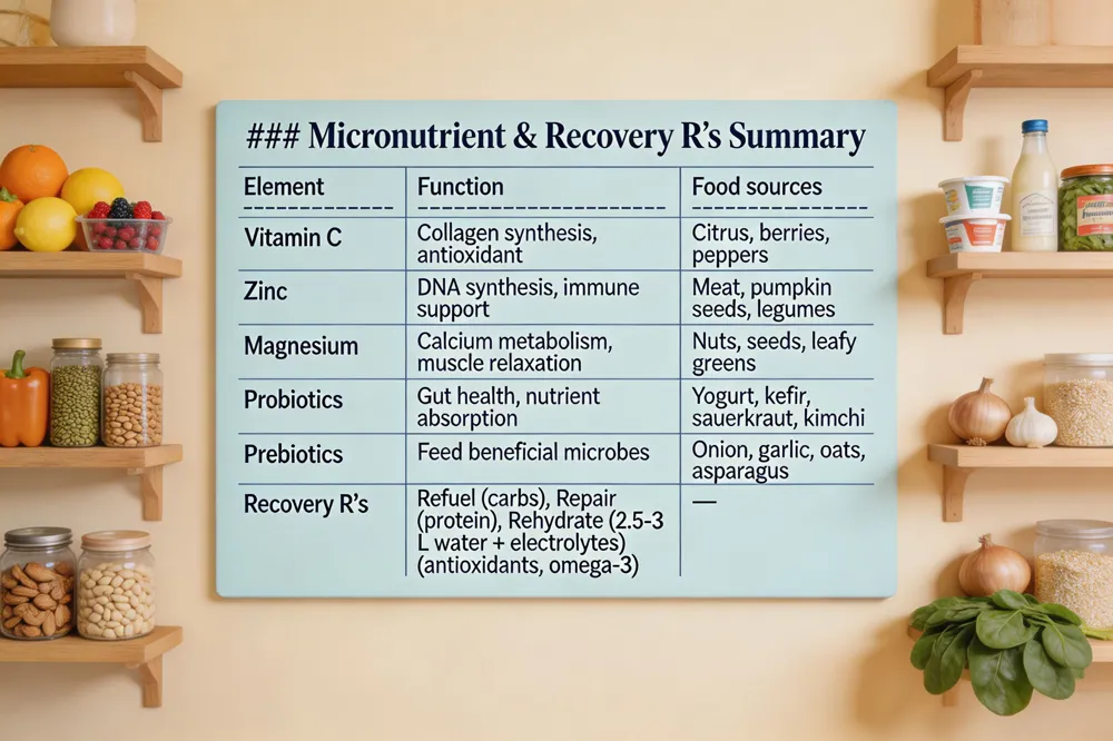 ### Micronutrient & Recovery R’s Summary
| Element | Function | Food sources |
|---|---|---|
| Vitamin C | Collagen synthesis, antioxidant | Citrus, berries, peppers |
| Zinc | DNA synthesis, immune support | Meat, pumpkin seeds, legumes |
| Magnesium | Calcium metabolism, muscle relaxation | Nuts, seeds, leafy greens |
| Probiotics | Gut health, nutrient absorption | Yogurt, kefir, sauerkraut, kimchi |
| Prebiotics | Feed beneficial microbes | Onion, garlic, oats, asparagus |
| Recovery R’s | Refuel (carbs), Repair (protein), Rehydrate (2.5‑3 L water + electrolytes), Revitalise (antioxidants, omega‑3) | — |
