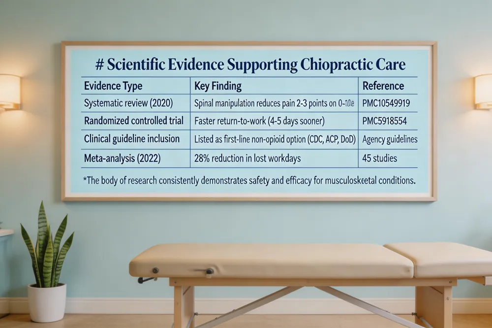 # Scientific Evidence Supporting Chiropractic Care
| Evidence Type | Key Finding | Reference |
|---|---|---|
| Systematic review (2020) | Spinal manipulation reduces pain 2‑3 points on 0‑10 scale | PMC10549919 |
| Randomized controlled trial | Faster return‑to‑work (4‑5 days sooner) | PMC5918554 |
| Clinical guideline inclusion | Listed as first‑line non‑opioid option (CDC, ACP, DoD) | Agency guidelines |
| Meta‑analysis (2022) | 28 % reduction in lost workdays | 45 studies |
The body of research consistently demonstrates safety and efficacy for musculoskeletal conditions.