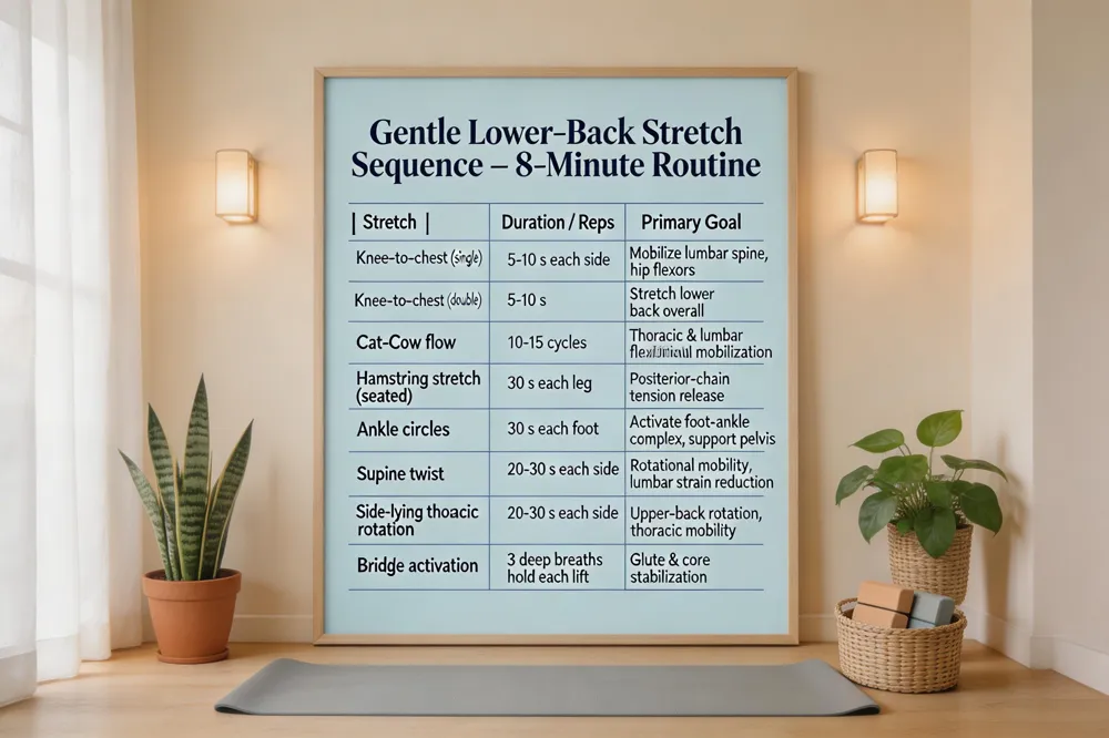 Gentle Lower‑Back Stretch Sequence – 8‑Minute Routine
| Stretch | Duration / Reps | Primary Goal |
|---|---|---|
| Knee‑to‑chest (single) | 5‑10 s each side | Mobilize lumbar spine, hip flexors |
| Knee‑to‑chest (double) | 5‑10 s | Stretch lower back overall |
| Cat‑Cow flow | 10‑15 cycles | Thoracic & lumbar flexibility, spinal mobilization |
| Hamstring stretch (seated) | 30 s each leg | Posterior‑chain tension release |
| Ankle circles | 30 s each foot | Activate foot‑ankle complex, support pelvis |
| Supine twist | 20‑30 s each side | Rotational mobility, lumbar strain reduction |
| Side‑lying thoracic rotation | 20‑30 s each side | Upper‑back rotation, thoracic mobility |
| Bridge activation | 3 deep breaths hold each lift | Glute & core stabilization |

