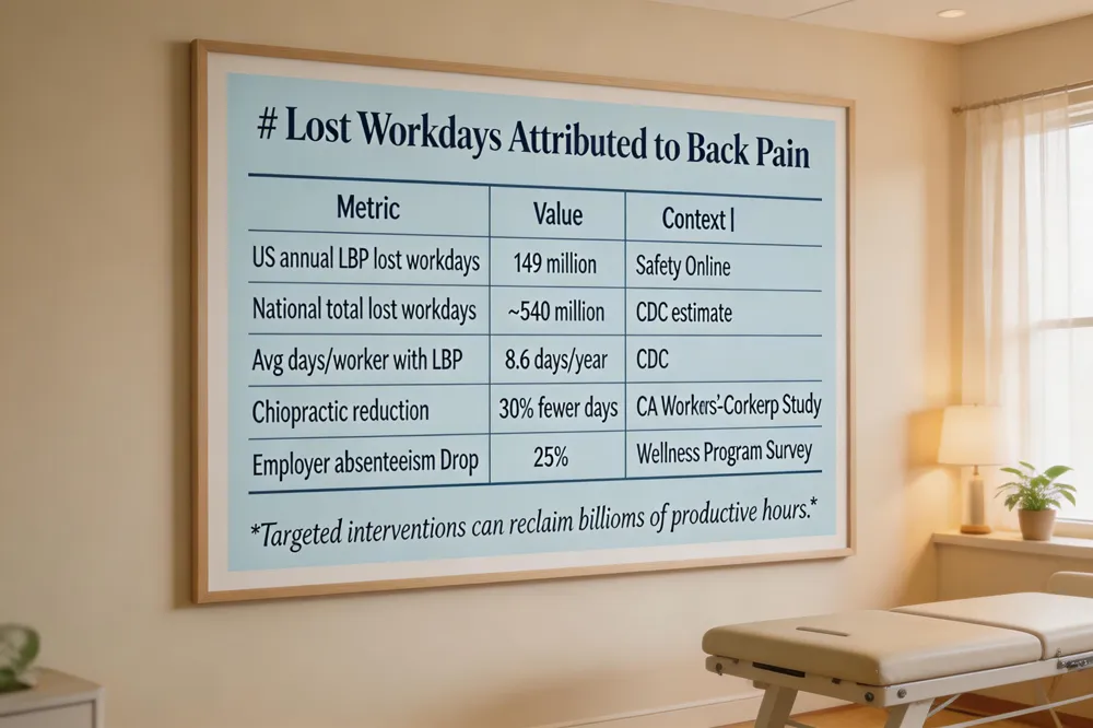 # Lost Workdays Attributed to Back Pain
| Metric | Value | Context |
|---|---|---|
| US annual lost workdays (L)) | 149 million | Safety Online |
| National total lost workdays (all sectors) | ~540 million | CDC estimate |
| Average missed days per worker with LBP | 8.6 days/year | CDC |
| Potential reduction with chiropractic | 30 % fewer days (California data) | State workers‑compensation study |
| Employer‑reported absenteeism drop after implementing chiropractic | 25 % | Survey of integrated wellness programs |
Targeted interventions can reclaim billions of productive hours.