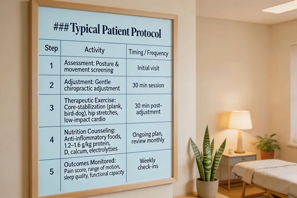 ### Typical Patient Protocol
| Step | Activity | Timing / Frequency |
|---|---|---|
| Assessment | Posture & movement screening | Initial visit |
| Adjustment | Gentle chiropractic adjustment | 30 min session |
| Therapeutic Exercise | Core‑stabilization (plank, bird‑dog), hip stretches, low‑impact cardio | 30 min post‑adjustment |
| Nutrition Counseling | Anti‑inflammatory foods, 1.2–1.6 g/kg protein, vitamin D, calcium, electrolytes | Ongoing plan, review monthly |
| Outcomes Monitored | Pain score, range of motion, sleep quality, functional capacity | Weekly check‑ins |
