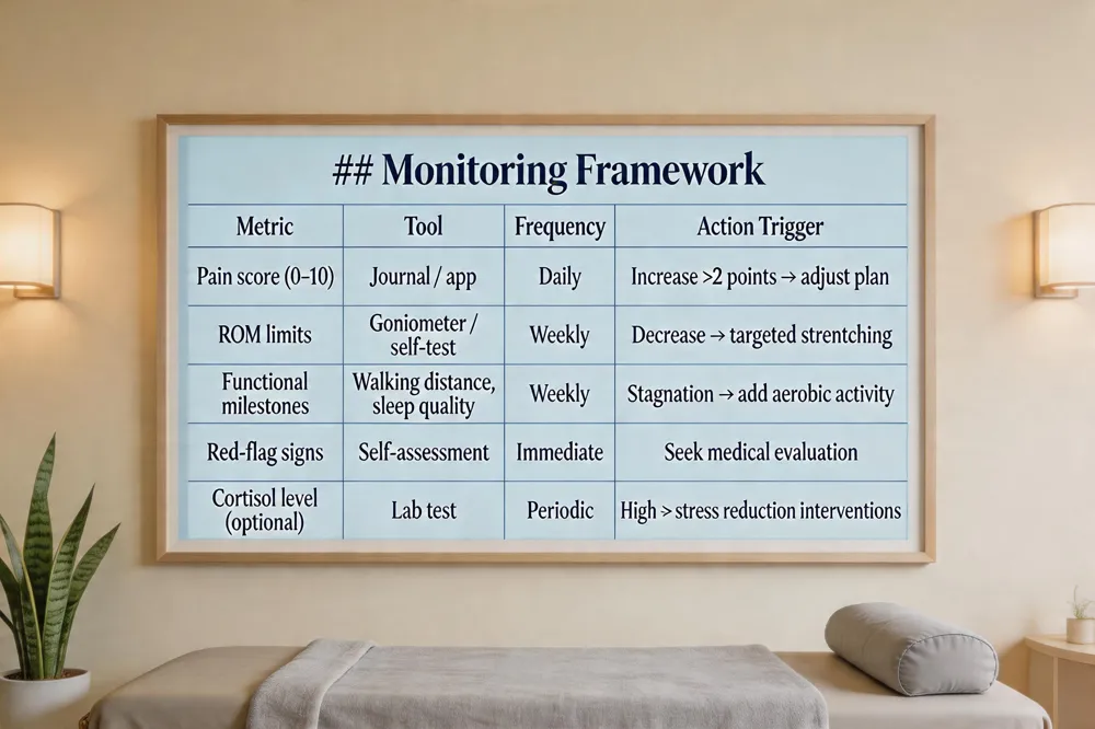 ## Monitoring Framework
| Metric | Tool | Frequency | Action Trigger |
|---|---|---|---|
| Pain score (0‑10) | Journal / app | Daily | Increase >2 points → adjust plan |
| ROM limits | Goniometer / self‑test | Weekly | Decrease → targeted stretching |
| Functional milestones | Walking distance, sleep quality | Weekly | Stagnation → add aerobic activity |
| Red‑flag signs | Self‑assessment | Immediate | Seek medical evaluation |
| Cortisol level (optional) | Lab test | Periodic | High → stress reduction interventions |
