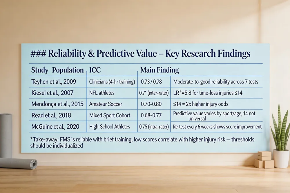 ### Reliability & Predictive Value – Key Research Findings
| Study | Population | ICC (Inter‑rater / Intra‑rater) | Main Finding |
|---|
| Teyhen et al., 2009 | Clinicians (4‑hr training) | 0.73 / 0.78 | Moderate‑to‑good reliability across all 7 tests | Kiesel et al., 2007 | NFL athletes | 0.71 (inter‑rater) | LR⁺ = 5.8 for time‑loss injuries when total ≤ 14 | Mendonça et al., 2015 | Amateur soccer players | 0.70‑0.80 | Scores ≤ 14 predicted 2‑fold increase in injury odds | Read et al., 2018 | Mixed sport cohort | 0.68‑0.77 | Predictive value varied by sport & age; 14 is not universal cutoff | McGuine et al., 2020 | High‑school athletes | 0.75 (intra‑rater) | Re‑testing every 6 weeks showed score improvements with corrective programming
Take‑away: FMS is reliably administered with brief training, and low scores consistently correlate with higher injury risk, though thresholds should be individualized.