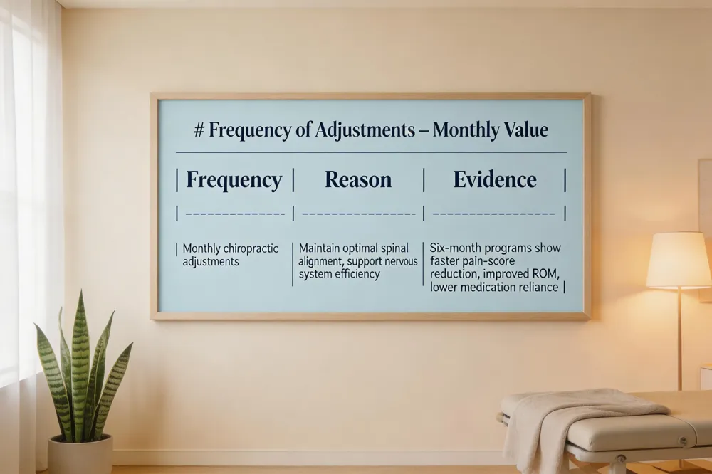 # Frequency of Adjustments – Monthly Value
| Frequency | Reason | Evidence |
|---|---|---|
| Monthly chiropractic adjustments | Maintain optimal spinal alignment, support nervous system efficiency | Six‑month programs show faster pain‑score reduction, improved ROM, lower medication reliance |
