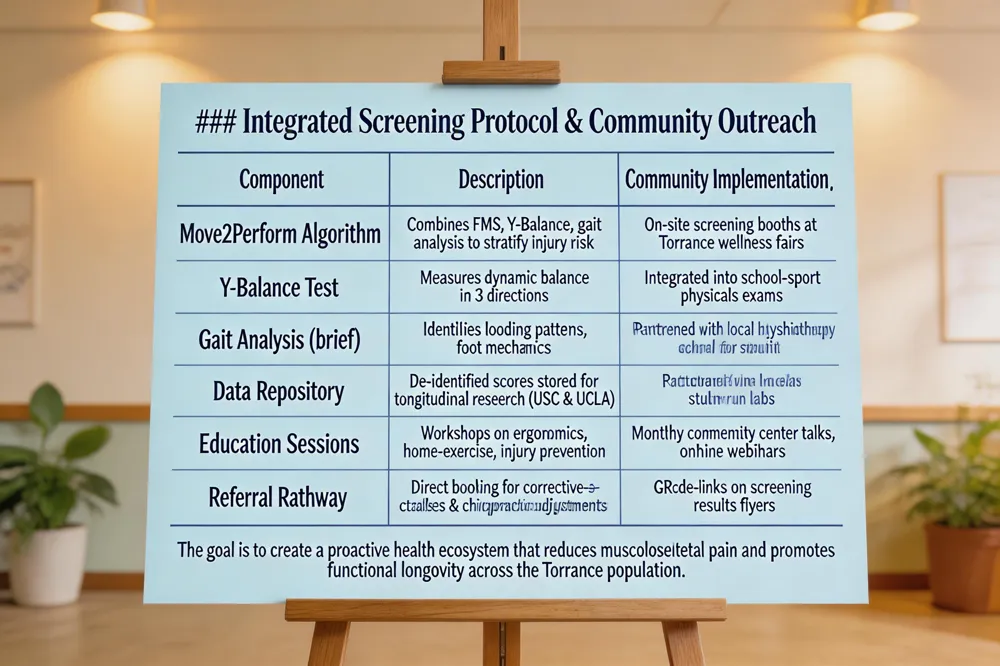 ### Integrated Screening Protocol & Community Outreach
| Component | Description | Community Implementation | |-----------|-------------|--------------------------| | Move2Perform Algorithm | Combines FMS, Y‑Balance, gait analysis to stratify injury risk | On‑site screening booths at Torrance wellness fairs | | Y‑Balance Test | Measures dynamic balance in 3 directions | Integrated into school‑sport physicals exams | | Gait Analysis (brief) | Identifies loading patterns, foot mechanics | Partnered with local physiotherapy school for student‑run labs | | Data Repository | De‑identified scores stored for longitudinal research with Collaboration with USC & UCLA research teams | | Education Sessions | Workshops on ergonomics, home‑exercise, injury prevention | Monthly community center talks, online webinars | | Referral Pathway | Direct booking for corrective‑exercise classes & chiropractic adjustments | QR‑code links on screening results flyers |
The goal is to create a proactive health ecosystem that reduces musculoskeletal pain and promotes functional longevity across the Torrance population.