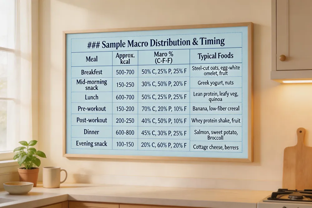 ### Sample Macro Distribution & Timing
| Meal | Approx. kcal | Macro % (C‑P‑F) | Typical Foods |
|---|---|---|---|
| Breakfast | 500‑700 | 50 % C, 25 % P, 25 % F | Steel‑cut oats, egg‑white omelet, fruit |
| Mid‑morning snack | 150‑250 | 30 % C, 50 % P, 20 % F | Greek yogurt, nuts |
| Lunch | 600‑700 | 50 % C, 25 % P, 25 % F | Lean protein, leafy veg, quinoa |
| Pre‑workout | 150‑200 | 70 % C, 20 % P, 10 % F | Banana, low‑fiber cereal |
| Post‑workout | 200‑250 | 40 % C, 50 % P, 10 % F | Whey protein shake, fruit |
| Dinner | 600‑800 | 45 % C, 30 % P, 25 % F | Salmon, sweet potato, broccoli |
| Evening snack | 100‑150 | 20 % C, 60 % P, 20 % F | Cottage cheese, berries |
