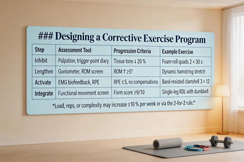 ### Designing a Corrective Exercise Program
| Step | Assessment Tool | Progression Criteria | Example Exercise |
|---|---|---|---|
| Inhibit | Palpation, trigger‑point diary | Tissue tone ↓ 20 % | Foam‑roll quads 2 × 30 s |
| Lengthen | Goniometer, ROM screen | ROM ↑ ≥5° | Dynamic hamstring stretch |
| Activate | EMG biofeedback, RPE | RPE ≤ 5, no compensations | Band‑resisted clamshell 3 × 12 |
| Integrate | Functional movement screen | Form score ≥9/10 | Single‑leg RDL with dumbbell |
Load, reps, or complexity may increase ≤10 % per week or via the 2‑for‑2 rule.