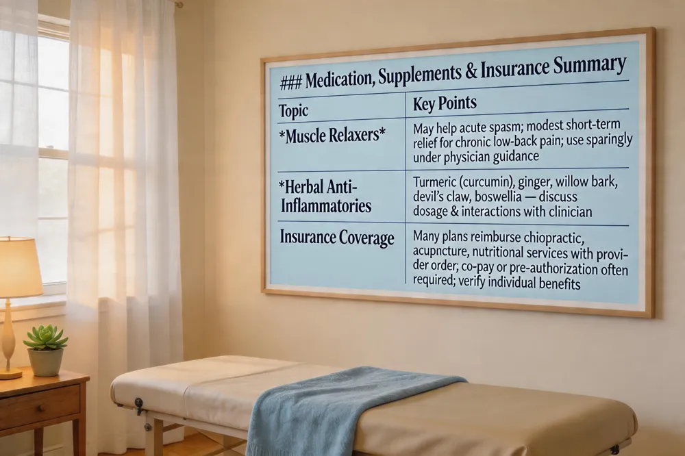 ### Medication, Supplements & Insurance Summary
| Topic | Key Points |
|---|---|
| Muscle Relaxers | May help acute spasm; modest short‑term relief for chronic low‑back pain; use sparingly under physician guidance |
| Herbal Anti‑Inflammatories | Turmeric (curcumin), ginger, willow bark, devil’s claw, boswellia — discuss dosage & interactions with clinician |
| Insurance Coverage | Many plans reimburse chiropractic, acupuncture, nutritional services with provider order; co‑pay or pre‑authorization often required; verify individual benefits |
