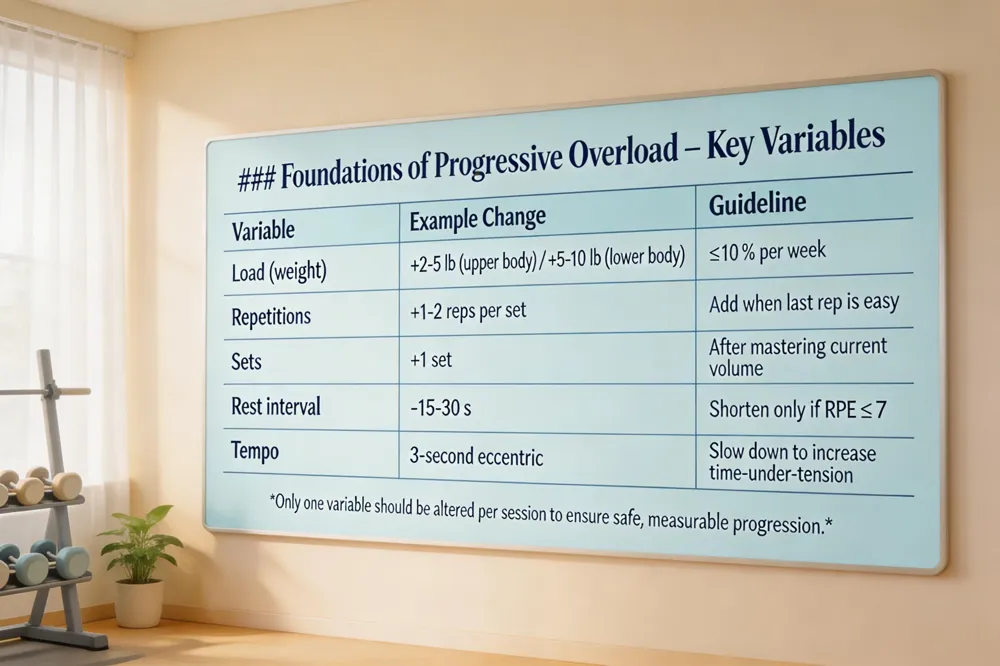 ### Foundations of Progressive Overload – Key Variables
| Variable | Example Change | Guideline |
|---|---|---|
| Load (weight) | +2‑5 lb (upper body) / +5‑10 lb (lower body) | ≤10 % per week |
| Repetitions | +1‑2 reps per set | Add when last rep is easy |
| Sets | +1 set | After mastering current volume |
| Rest interval | -15‑30 s | Shorten only if RPE ≤ 7 |
| Tempo | 3‑second eccentric | Slow down to increase time‑under‑tension |
Only one variable should be altered per session to ensure safe, measurable progression.