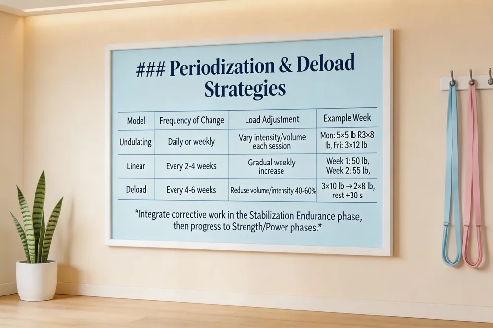 ### Periodization & Deload Strategies
| Model | Frequency of Change | Load Adjustment | Example Week |
|---|---|---|---|
| Undulating | Daily or weekly | Vary intensity/volume each session | Mon: 5 × 5 lb R3 × 8 lb, Fri: 3 × 12 lb |
| Linear | Every 2‑4 weeks | Gradual weekly increase | Week 1: 50 lb, Week 2: 55 lb, Week 3: 60 lb |
| Deload | Every 4‑6 weeks | Reduce volume/intensity 40‑60 % | 3 × 10 lb → 2 × 8 lb, rest +30 s |
Integrate corrective work in the Stabilization Endurance phase, then progress to Strength/Power phases.