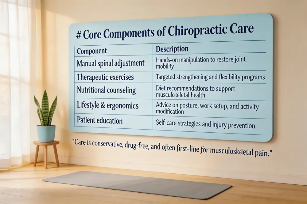 # Core Components of Chiropractic Care
| Component | Description |
|---|---|
| Manual spinal adjustment | Hands‑on manipulation to restore joint mobility |
| Therapeutic exercises | Targeted strengthening and flexibility programs |
| Nutritional counseling | Diet recommendations to support musculoskeletal health |
| Lifestyle & ergonomics | Advice on posture, work setup, and activity modification |
| Patient education | Self‑care strategies and injury prevention |
Care is conservative, drug‑free, and often first‑line for musculoskeletal pain.