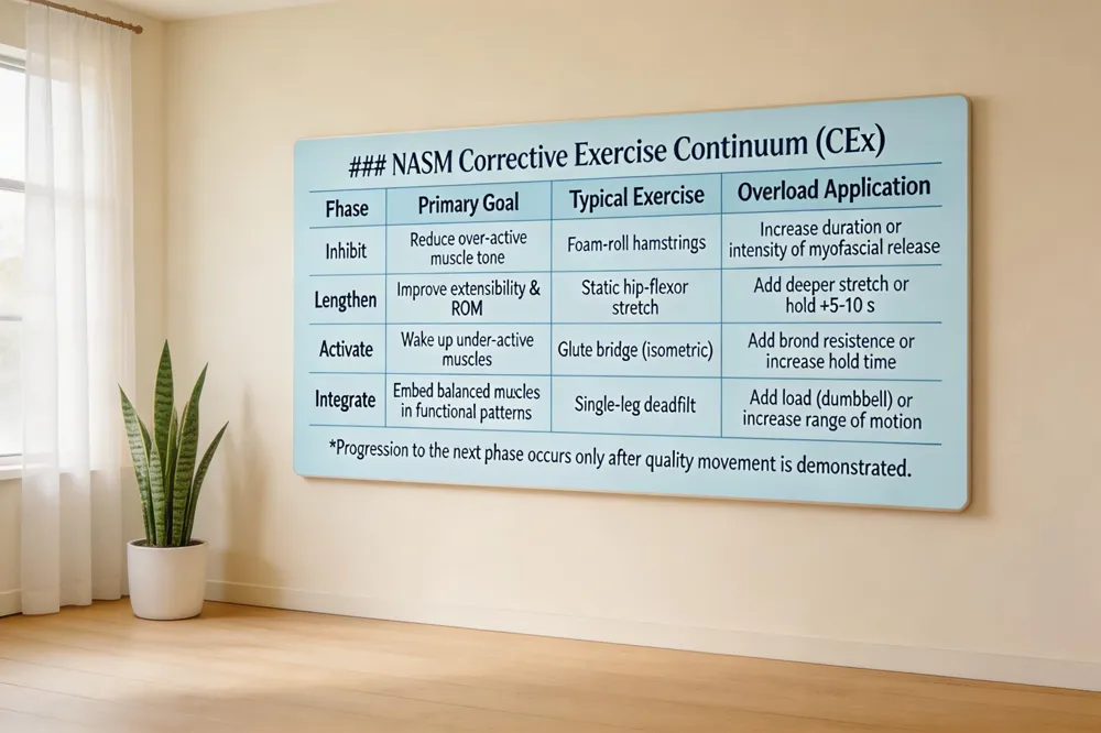 ### NASM Corrective Exercise Continuum (CEx)
| Phase | Primary Goal | Typical Exercise | Overload Application |
|---|---|---|---|
| Inhibit | Reduce over‑active muscle tone | Foam‑roll hamstrings | Increase duration or intensity of myofascial release |
| Lengthen | Improve extensibility & ROM | Static hip‑flexor stretch | Add deeper stretch or hold +5‑10 s |
| Activate | Wake up under‑active muscles | Glute bridge (isometric) | Add band resistance or increase hold time |
| Integrate | Embed balanced muscles in functional patterns | Single‑leg deadlift | Add load (dumbbell) or increase range of motion |
Progression to the next phase occurs only after quality movement is demonstrated.