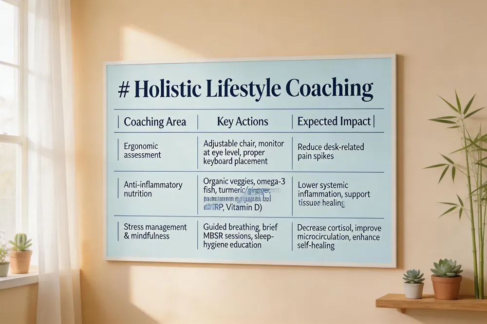 # Holistic Lifestyle Coaching
| Coaching Area | Key Actions | Expected Impact |
|---|---|---|
| Ergonomic assessment | Adjustable chair, monitor at eye level, proper keyboard placement | Reduce desk‑related pain spikes |
| Anti‑inflammatory nutrition | Organic veggies, omega‑3 fish, turmeric/ginger, meal‑planning guides, lab checks (CRP, Vitamin D) | Lower systemic inflammation, support tissue healing |
| Stress management & mindfulness | Guided breathing, brief MBSR sessions, sleep‑hygiene education | Decrease cortisol, improve microcirculation, enhance self‑healing |

