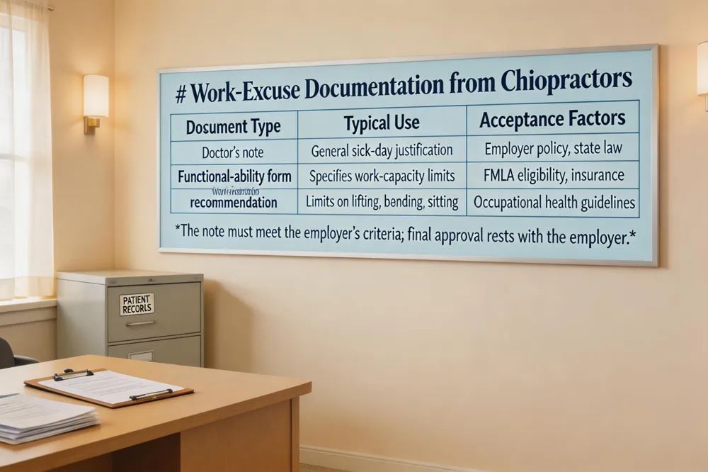 # Work‑Excuse Documentation from Chiropractors
| Document Type | Typical Use | Acceptance Factors |
|---|---|---|
| Doctor’s note | General sick‑day justification | Employer policy, state law |
| Functional‑ability form | Specifies work‑capacity limits | FMLA eligibility, insurance |
| Work‑restriction recommendation | Limits on lifting, bending, sitting | Occupational health guidelines |
The note must meet the employer’s criteria; final approval rests with the employer.