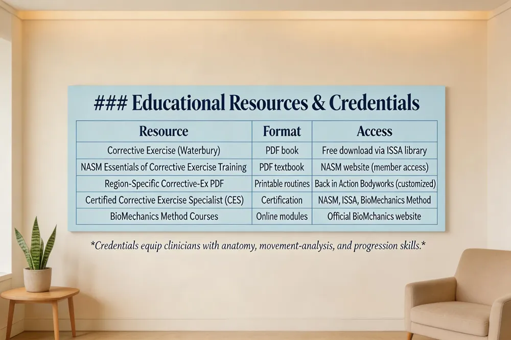### Educational Resources & Credentials
| Resource | Format | Access |
|---|---|---|
| Corrective Exercise (Waterbury) | PDF book | Free download via ISSA library |
| NASM Essentials of Corrective Exercise Training | PDF textbook | NASM website (member access) |
| Region‑Specific Corrective‑Ex PDF | Printable routines | Back in Action Bodyworks (customized) |
| Certified Corrective Exercise Specialist (CES) | Certification | NASM, ISSA, BioMechanics Method |
| BioMechanics Method Courses | Online modules | Official BioMechanics website |
Credentials equip clinicians with anatomy, movement‑analysis, and progression skills.