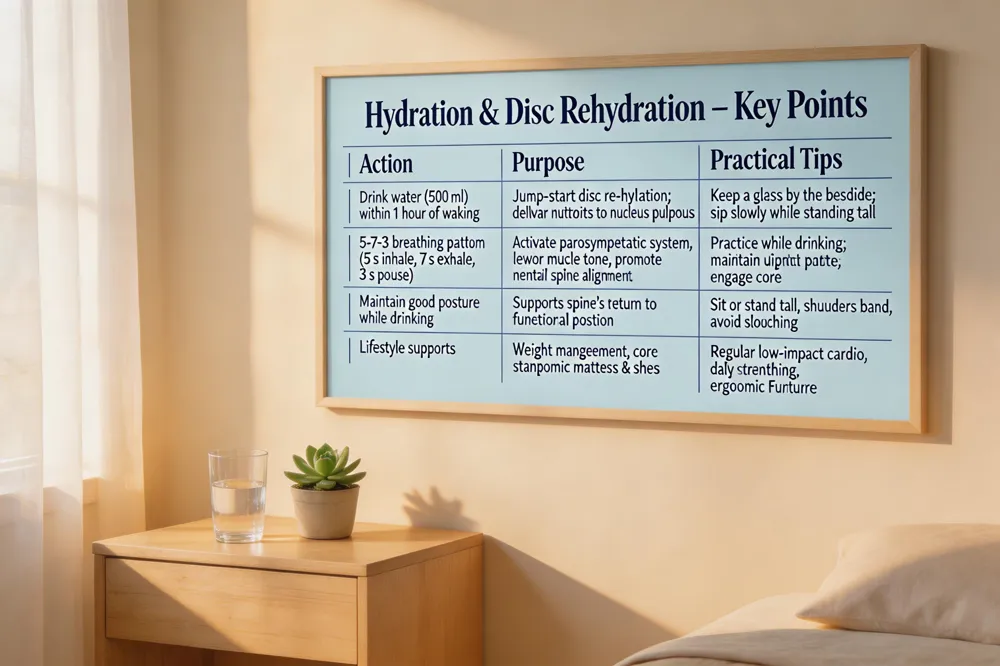 Hydration & Disc Rehydration – Key Points
| Action | Purpose | Practical Tips |
|---|---|---|
| Drink water (500 ml) within 1 hour of waking | Jump‑start disc re‑hydration; deliver nutrients to nucleus pulposus | Keep a glass by the bedside; sip slowly while standing tall |
| 5‑7‑3 breathing pattern (5 s inhale, 7 s exhale, 3 s pause) | Activate parasympathetic system, lower muscle tone, promote neutral spine alignment | Practice while drinking; maintain upright posture, engage core |
| Maintain good posture while drinking | Supports spine’s return to functional position | Sit or stand tall, shoulders back, avoid slouching |
| Lifestyle supports | Weight management, core strengthening, ergonomic mattress & shoes | Regular low‑impact cardio, daily stretching, ergonomic furniture |
