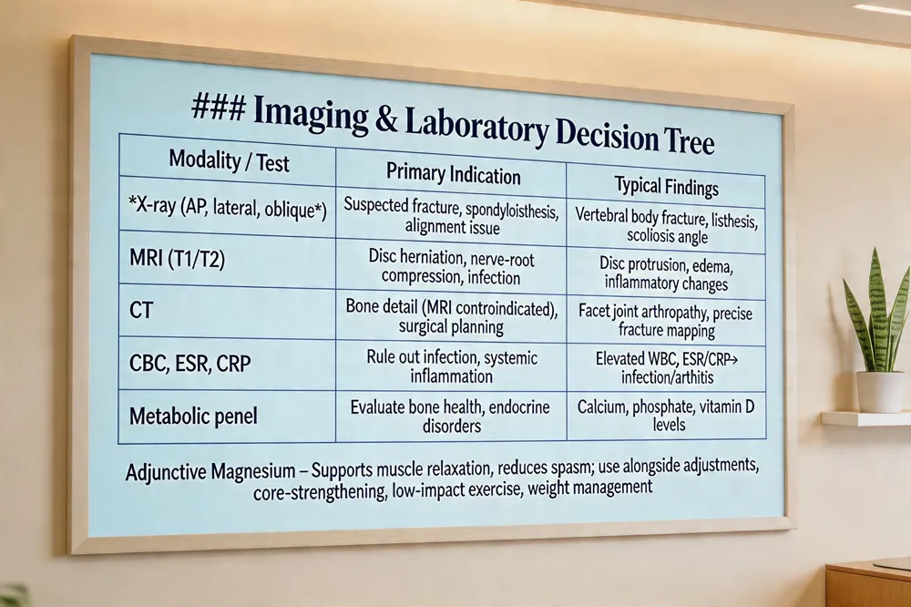 ### Imaging & Laboratory Decision Tree
| Modality / Test | Primary Indication | Typical Findings |
|---|---|---|
| X‑ray (AP, lateral, oblique) | Suspected fracture, spondylolisthesis, alignment issue | Vertebral body fracture, listhesis, scoliosis angle |
| MRI (T1/T2) | Disc herniation, nerve‑root compression, infection, inflammatory disease | Disc protrusion, edema, discitis, ankylosing spondylitis changes |
| CT | Bone detail when MRI contraindicated, surgical planning | Facet joint arthropathy, precise fracture mapping |
| CBC, ESR, CRP | Rule out infection, systemic inflammation | Elevated WBC, ESR/CRP → infection or inflammatory arthritis |
| Metabolic panel | Evaluate bone health, endocrine disorders | Calcium, phosphate, vitamin D levels |
Adjunctive Magnesium – Supports muscle relaxation, reduces spasm; use alongside adjustments, core‑strengthening, low‑impact exercise, and weight management.