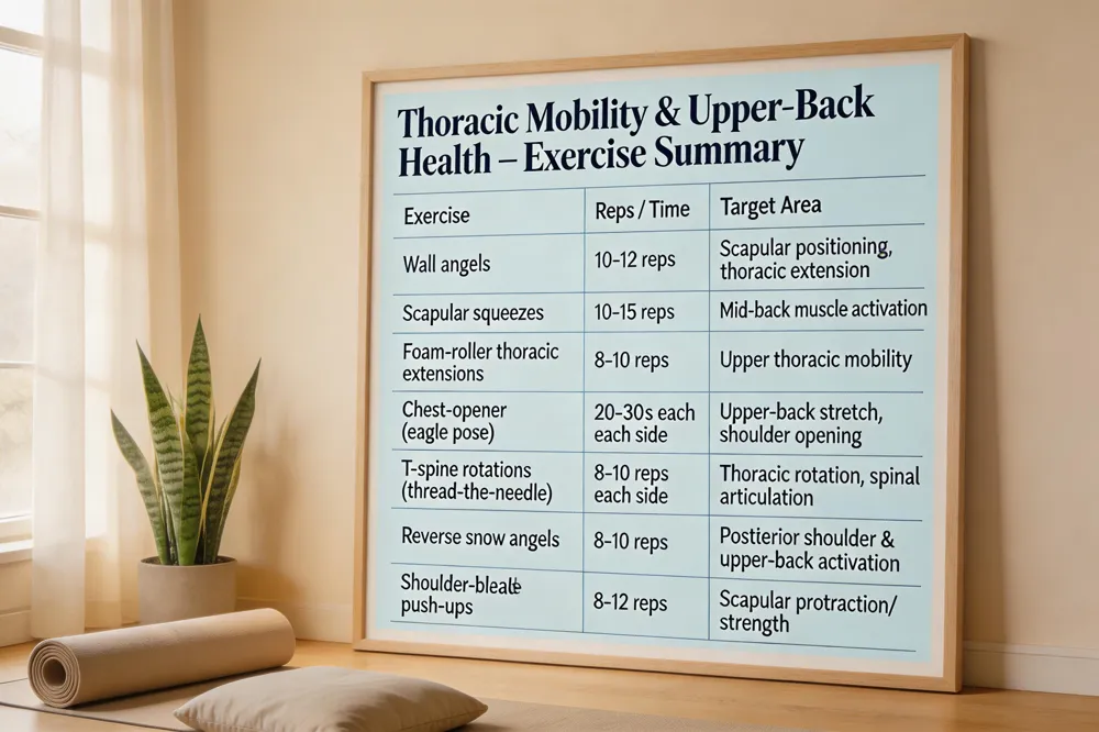 Thoracic Mobility & Upper‑Back Health – Exercise Summary
| Exercise | Reps / Time | Target Area |
|---|---|---|
| Wall angels | 10‑12 reps | Scapular positioning, thoracic extension |
| Scapular squeezes | 10‑15 reps | Mid‑back muscle activation |
| Foam‑roller thoracic extensions | 8‑10 reps | Upper thoracic mobility |
| Chest‑opener (eagle pose) | 20‑30 s each side | Upper‑back stretch, shoulder opening |
| T‑spine rotations (thread‑the‑needle) | 8‑10 reps each side | Thoracic rotation, spinal articulation |
| Reverse snow angels | 8‑10 reps | Posterior shoulder & upper‑back activation |
| Shoulder‑blade push‑ups | 8‑12 reps | Scapular protraction/retraction strength |
