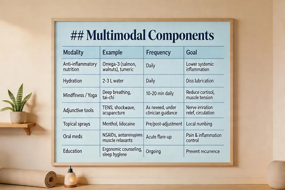 ## Multimodal Components
| Modality | Example | Frequency | Goal |
|---|---|---|---|
| Anti‑inflammatory nutrition | Omega‑3 (salmon, walnuts), turmeric | Daily | Lower systemic inflammation |
| Hydration | 2‑3 L water | Daily | Disc lubrication |
| Mindfulness / Yoga | Deep breathing, tai‑chi | 10‑20 min daily | Reduce cortisol, muscle tension |
| Adjunctive tools | TENS, shockwave, acupuncture | As needed, under clinician guidance | Nerve irritation relief, circulation |
| Topical sprays | Menthol, lidocaine | Pre/post‑adjustment | Local numbing |
| Oral meds | NSAIDs, acetaminophen, muscle relaxants | Acute flare‑up | Pain & inflammation control |
| Education | Ergonomic counseling, sleep hygiene | Ongoing | Prevent recurrence |
